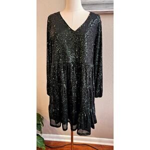 Cable & Gauge Women V-Neck Sequin Tiered Babydoll Flowy Mini Dress Size XL Green